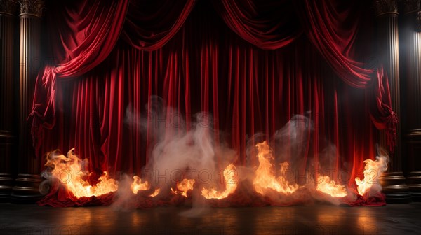 Theatre stage with red velvet curtains on fire. generative AI