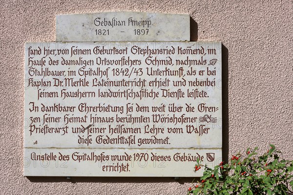 Commemorative plaque to Sebastian Kneipp 1821-1897