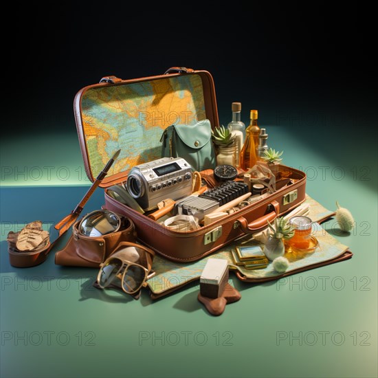 Travel preparation Packed old leather suitcase with photo