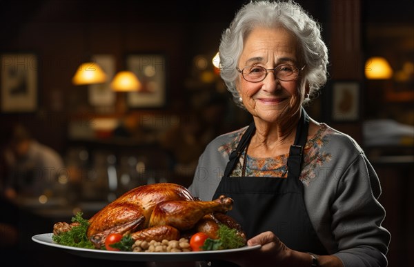 Happy elderly woman wearing her apron fixing her thanksgiving turkey and all the fixings in the kitchen