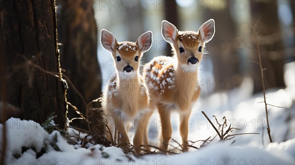 Two adorable fawn deer in the wintery wilderness. generative AI