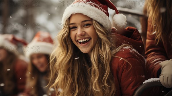 Festive young girl laughing with friends outside in the snow. generative AI