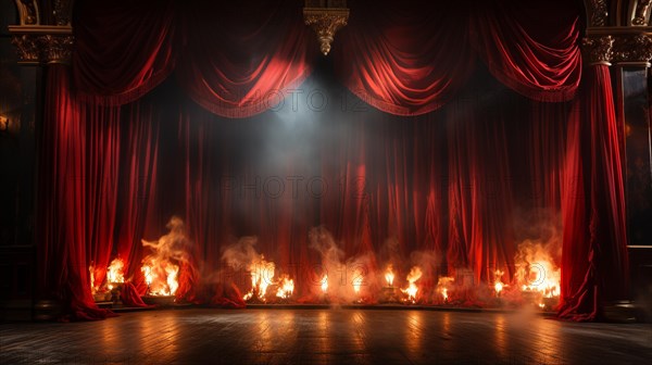 Theatre stage with red velvet curtains on fire. generative AI