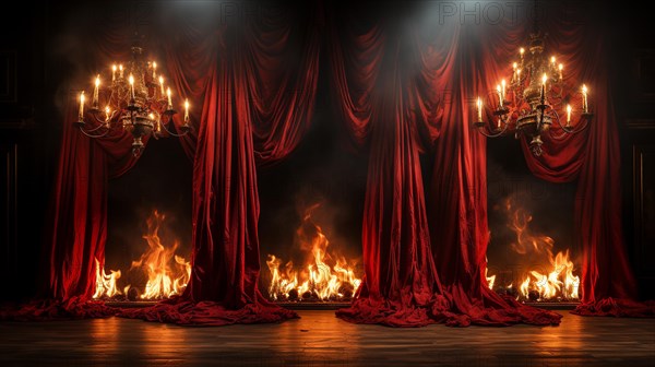 Theatre stage with red velvet curtains on fire. generative AI