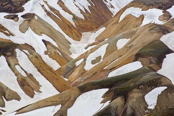 Sulphur coloured rhyolite mountains with patches of snow at Brennisteinsalda volcano near Landmannalaugar