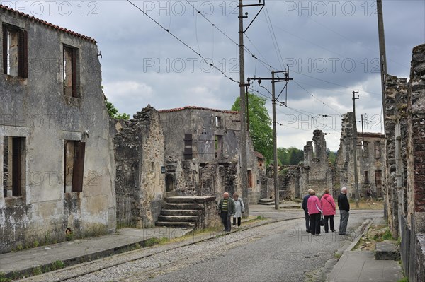 Ruins along the high street. The burned village Oradour-sur-Glane was destroyed on 10 June 1944