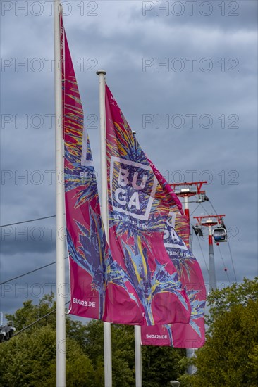 Flags and cable car above the grounds of the Federal Horticultural Show