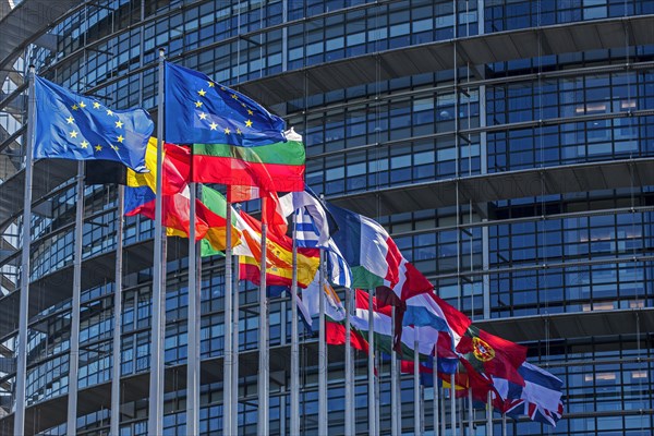 Flags of countries in Europe in front of the European Parliament