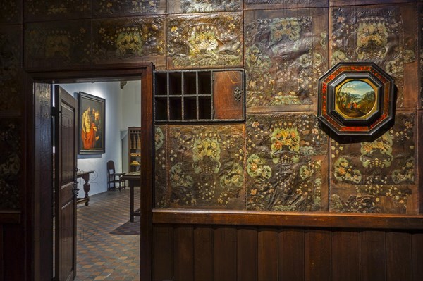 Gold leather hangings in office at the Plantin-Moretus Museum