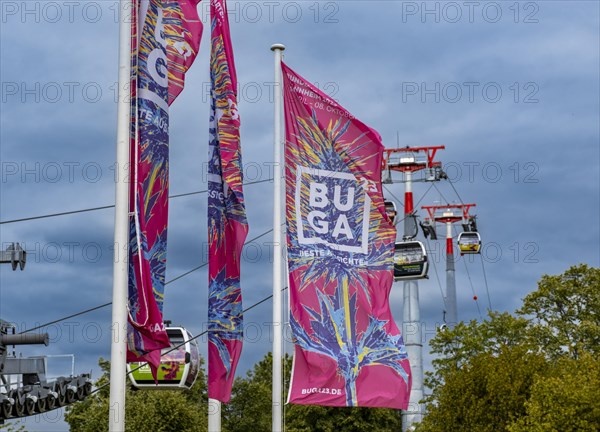 Flags and cable car above the grounds of the Federal Horticultural Show