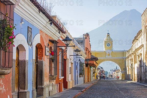 Colourful colonial houses and the 17th century Arco de Santa Catalina Arch in the city Antigua Guatemala