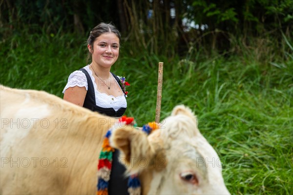 Alpine herdswoman leading alpine cattle