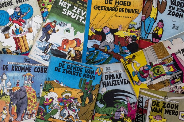 Collection of colourful covers of the Flemish comic strips Nero by the Belgian comic book creator