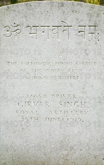 First World War One grave of Hindu soldier of the Indian army at the Etaples Military Cemetery