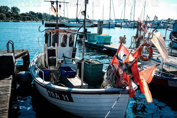 Small fishing boat in Travemuende harbour. Schleswig-Holstein