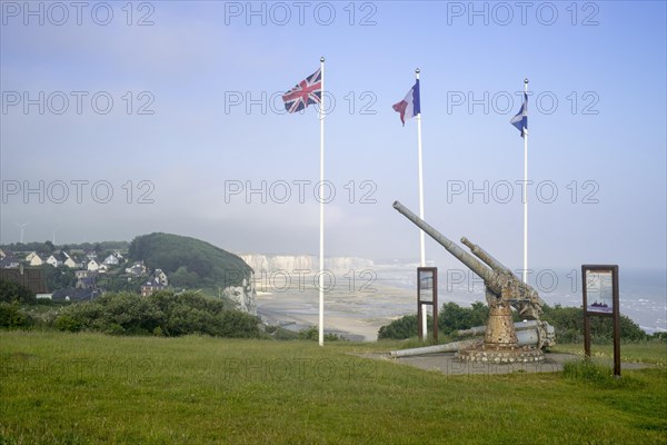 Memorial with 100mm-guns from the French armoured cargo ship P21 Le Cerons on cliff top at Veules-les-Roses