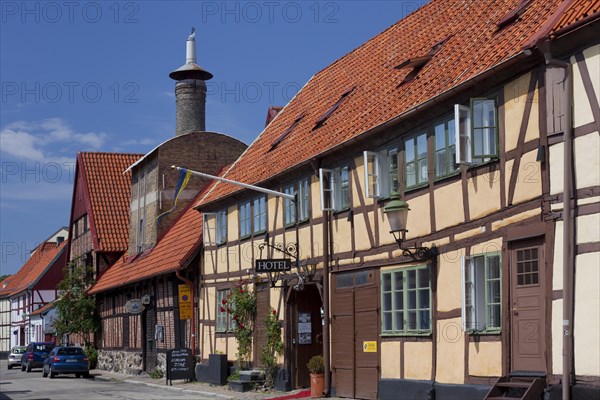 Historical and colourful half-timbered houses and hotel in the town Ystad