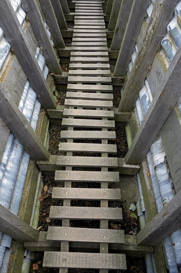 Reconstruction of British First World War One trench showing wooden duckboards on A-frames