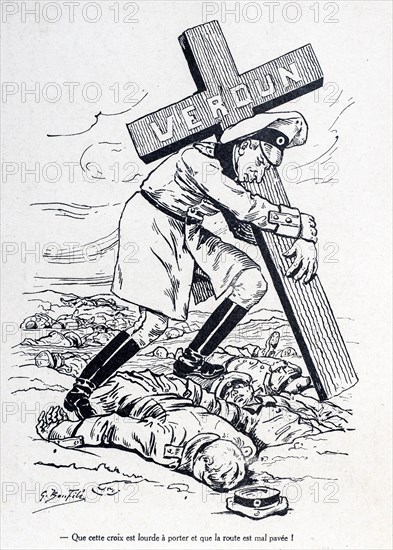 WW1 drawing by illustrator Gaston Bonfils showing German officer carrying cross over dead bodies of fallen soldiers at the Verdun battlefield