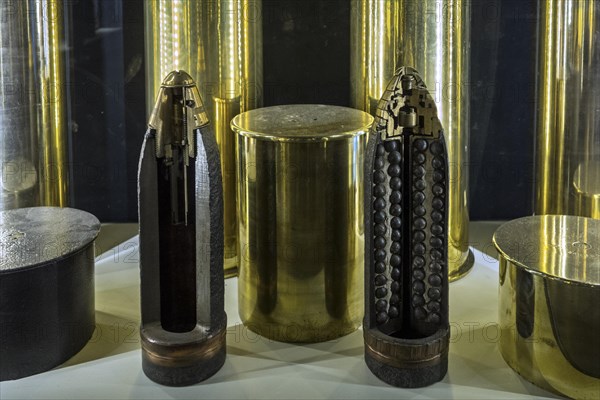Sectioned First World War One artillery ammunition in the Memorial Museum Passchendaele 1917 at Zonnebeke