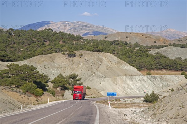 Red truck on motorway in Central Anatolia