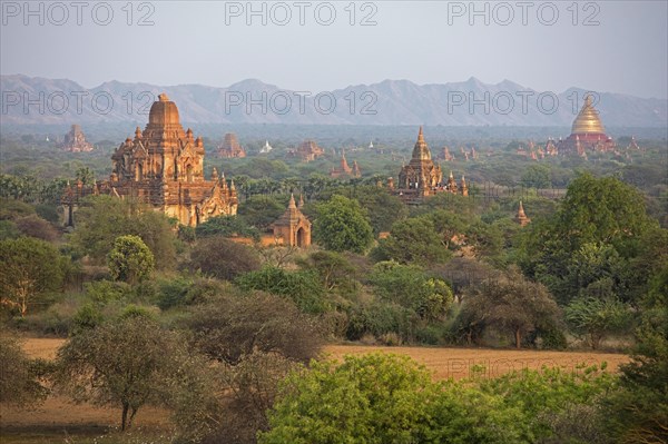 Buddhist temples and pagodas at sunset in the ancient city Bagan