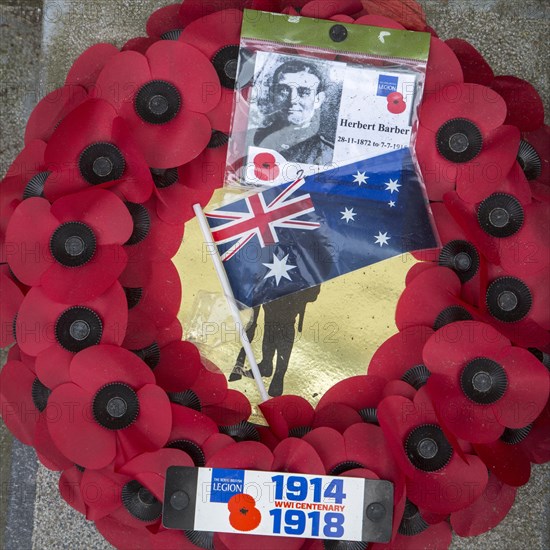 British poppy wreath for First World War One soldier during remembrance of the WWI centenary