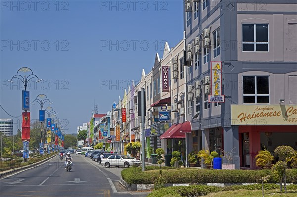 Street with hotels and guesthouses in Pekan Kuah