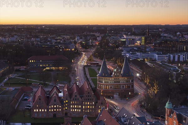 Bird's eye view at dusk over the Holsten Gate