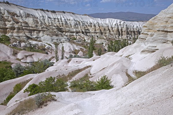 Eroded white and pink sandstone rock formations at Cappadocia in Central Anatolia