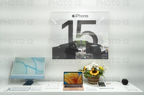 Apple iPhone 15 series smartphone banner installed in an Apple authorised reseller store iTech during the devices first day of sale in Guwahati