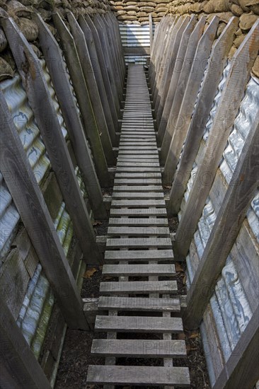 Reconstruction of British First World War One trench showing wooden duckboards on A frames