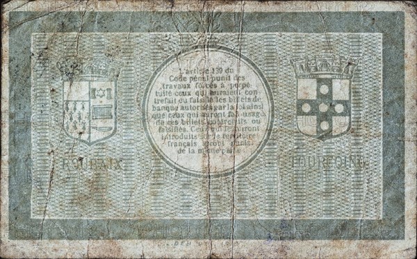 Back side of French banknote Bon de Monnaie Un Franc of the cities Ville de Roubaix et de Tourcoing from 1916 during the First World War One