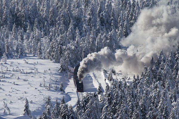 Steam train riding the Brocken Narrow Gauge railway line in the snow in winter at the Harz National park