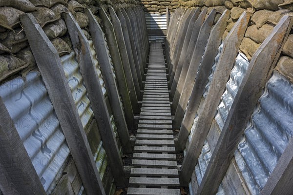 Reconstruction of British First World War One trench showing wooden duckboards on A frames