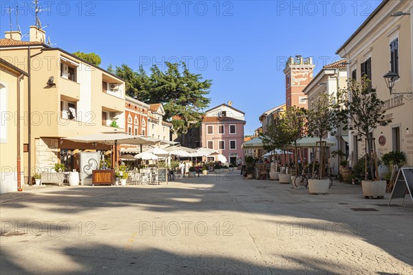 Terraces of restaurants in the historic town centre of Novigrad