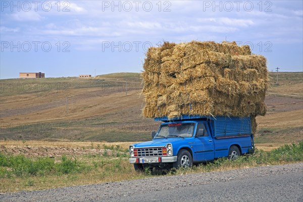 Blue pickup truck heavily loaded with hay bales in rural Iran