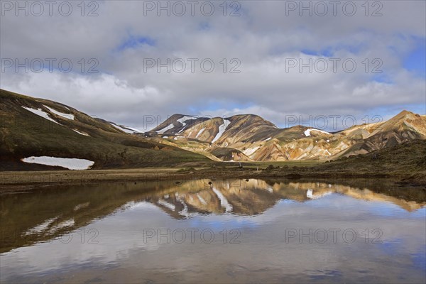 Lake and sulphur coloured rhyolite mountains at Brennisteinsalda volcano near Landmannalaugar