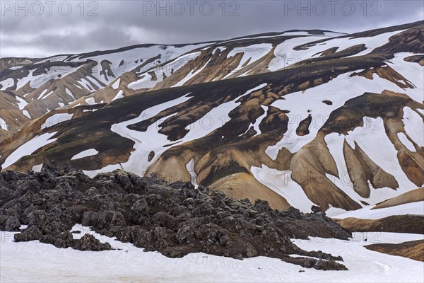 Rhyolite lava and sulphur coloured mountains at Brennisteinsalda volcano near Landmannalaugar