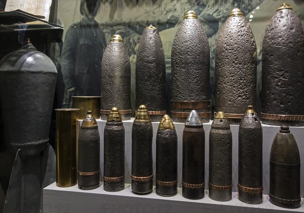 First World War One artillery ammunition in the Memorial Museum Passchendaele 1917 at Zonnebeke