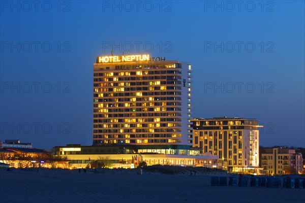 Hotel Neptun at night at seaside resort Warnemuende