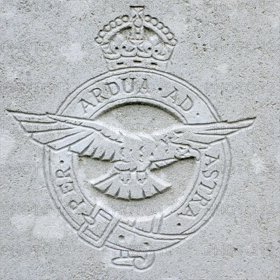 Royal Flying Corps regimental badge on headstone at Cemetery of the Commonwealth War Graves Commission for First World War One British soldiers