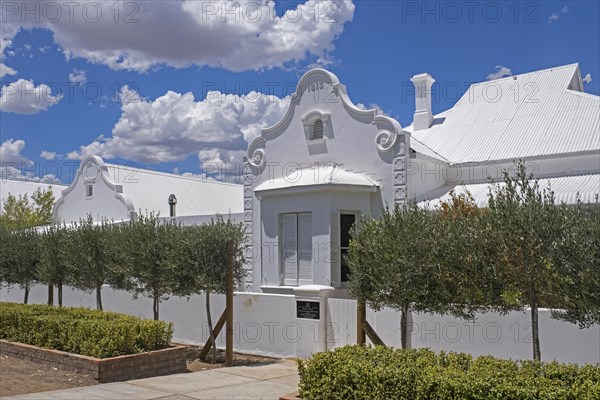 White house with traditional Cape Dutch gable at Prince Albert