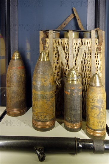 First World War One artillery ammunition in the Memorial Museum Passchendaele 1917 at Zonnebeke