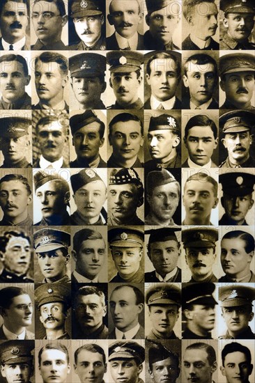 Pictures of British and South African fallen soldiers at the Thiepval Memorial to the Missing of the Somme