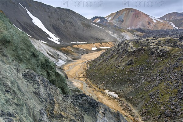 Green copper exposed in the Graenagil canyon at Landmannalaugar in the Fjallabak Nature Reserve