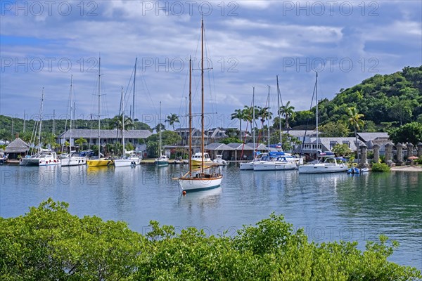 Sailing boats and yachts moored in English Harbour on the south-eastern coast of the island Antigua