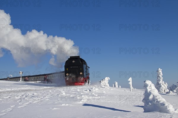 Steam train riding the Brocken Narrow Gauge railway line in the snow in winter at the Harz National park