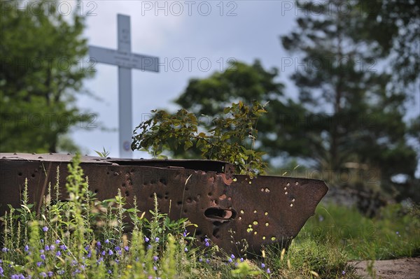 Bullet holes in iron turret from trench at the First World War battlefield Le Linge at Orbey