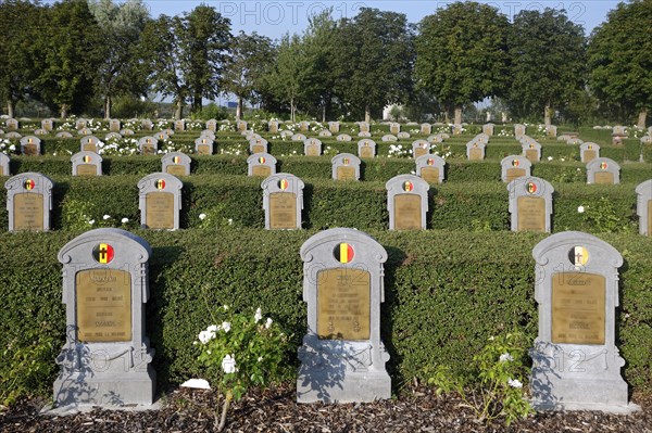 First World War One graves of fallen soldiers at the Belgian Military Cemetery at Ramskapelle